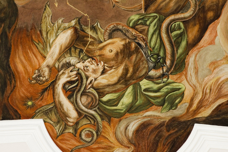 The Archangel Saint Michael with demons in hell. Fresco. Ellmau at the Wilden Kaiser Tyrol Austria church St. Michael.