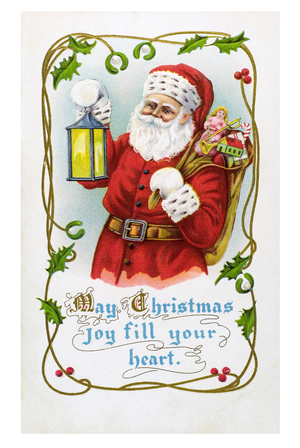 Greeting card with Pere Noel holding a lantern and toy hood.
