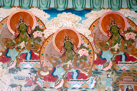 Tibetan Buddhism; wall; three bodhisattvas; Yongning; Zhamei Temple; Lugu Hu Lake area; Yunnan Province; People's Republic of China; Asia