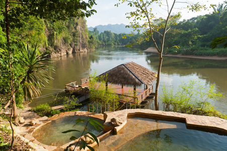 Pools and a floating hut on the River Kwai; Khwae Noi River; Hin Tok; Kanchanaburi Province; Central Thailand; Thailand; Asia