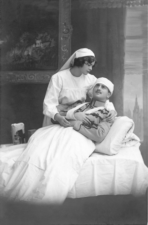 Soldier wounds with a nurse. Photography 1920