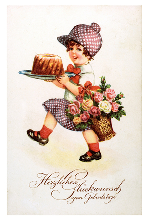 Birthday greeting card: smiling girl with a cake and a bouquet of roses. Chromolithography of the 19th century