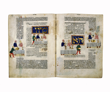 Fol.156v-157 Passover, from 'The Rothschild Miscellany', Northern Italy, c.1450-80 (pen, ink, tempera & gold leaf on vellum) (see 282490, 282544)