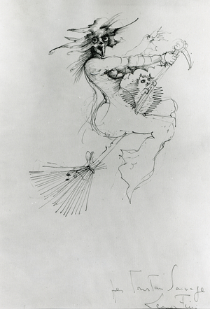 Witch with Cat (ink on paper) (b/w photo)