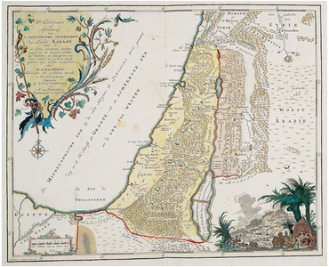 Map of the Land of Canaan, from 'Heilige Geografie: het Joodschen land eertijds Kanaan', published in 1760, 1757 (hand-coloured engraving & etching on paper)