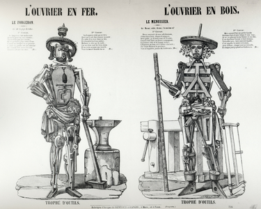 The Ironworker and the Woodworker (coloured woodcut)