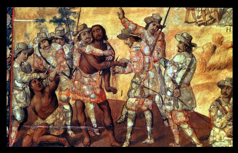 Detail of the Conquistadors Cutting off the hands of Two Spies of Xicotencatl, 1698 (oil on panel)