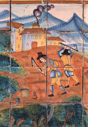 Farmers of the Time, detail from a sequence containing scenes of San Isidro Labrador and his wife Santa Maria de la Cabeza, 17th century (ceramic glazed tiles)