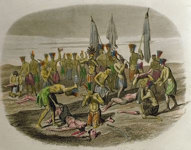 Dead Franciscan missionaries, dismembered and devoured by Caribbean Indians whom they had attempted to evangelise in 1516, 1850 (hand-coloured engraving)