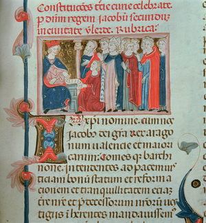 King James II (1264-1327) approving the constitution agreed at the court of Lleida in 1301, from the customs and memories of Pere Albert, 14th century (vellum)