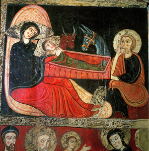 The Nativity, from the Altar Frontal of Santa Maria d'Avia, Bergueda, 1170-90 (tempera on poplar panel) (detail of 223698)