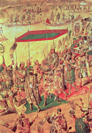 The Welcoming of Montezuma (1466-1520) detail from a painting depicting 'The Conquest of Mexico by Hernando Cortes (1485-1547) 1698