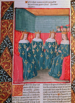 The division of the Frankish realm between the four sons of king Clovis I, miniature from the 'Chronicles of France', printed by A. Verard, Paris, 1492 (hand-coloured print)