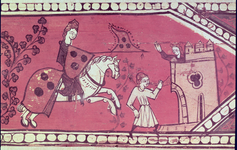 Knightly scene with a herald and a lady, the end of a polychrome, carved ceiling beam from a room in the Castle of Peratallada (oil on wood)