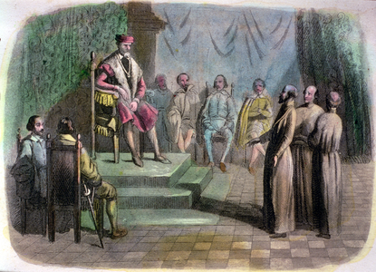 The Spanish State Council in 1518. Brother Juan de Quevedo (d.1519) and Bartolome de Las Casas (1474-1566) defending the cause of the Indians before Charles V (1500-58) (coloured engraving)