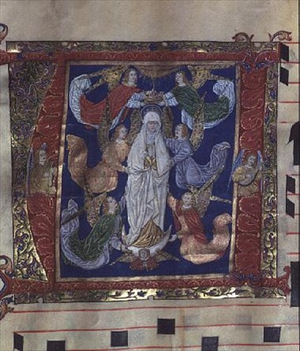 Fol.67 Historiated initial depicting the Assumption of the Virgin, 1460 (vellum)