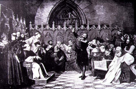 Christopher Columbus (1451-1506) before the Council of Salamanca (engraving)