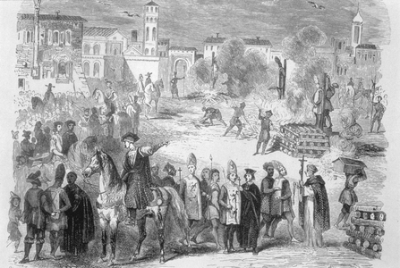 The celebration of an auto de fe in the public square (engraving)