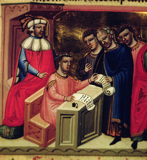 Law Making, from the manuscript 'Justiniano Institutiones Feodorum et Alia Codex', c.1300 (vellum)