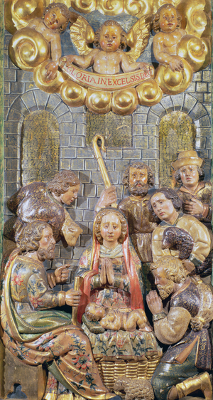 118-0009015 Adoration of the Shepherds, Altarpiece from the Parish Church of Tora, 1666 by Joseph Generes (fl.1641-70) (painted wooden relief)