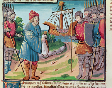 Charlemagne's knights setting off to fight the Saracens, miniature from 'Ogier le Danois', printed by A. Verard, Paris, 1499 (hand-coloured print)