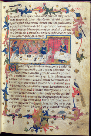 Banquet given by Father Martell for James I (1208-76) in Tarragona in 1228 at which the Conquest of the Balearic Isles was Agreed, from 'Libre dels Feits' (vellum) (see also 113569)