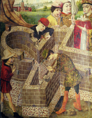 Construction of a church, detail from 'The Church of San Miguel' (oil on panel)
