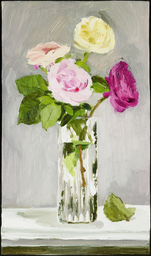 Mixed Roses in a Glass Vase with a Fallen Leaf, 2005 (oil on canvas)