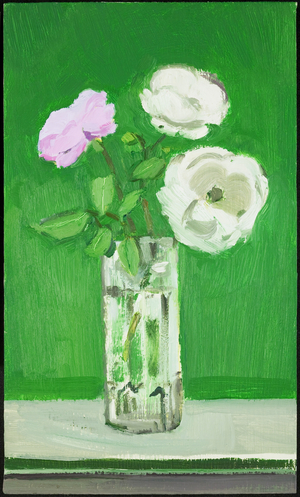 White Roses in a Glass Vase against a Green Background, 2005 (oil on canvas)