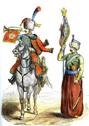 Imperiale Guard of Napoleon 1: Trumpet of hunters on horseback and officer bearing flag of the Mamluks (Mamluk) 1845
