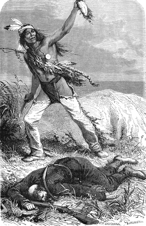 Indian scalping an enemy. Engraving 1885