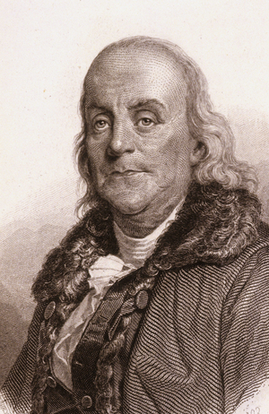 Portrait of Benjamin Franklin. Engraving of the 19th century