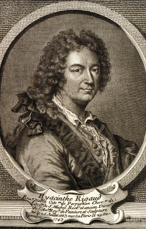 Portrait of Hyacinthe Rigaud (1659 - 1743), French painter, portraitist attitle by Louis XIV. Engraving of the 18th century.