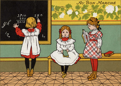 At the school there are three pupils engaged in the various activities of the class. Advertising card for “” Le bon marche””.