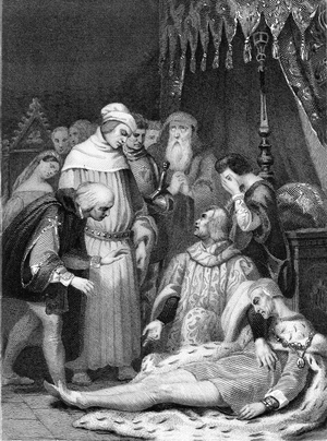 Louis XI, piece by Casimir Delavigne (1793-1843). The scene takes place at the Chateau du Plessis. Engraving 1836