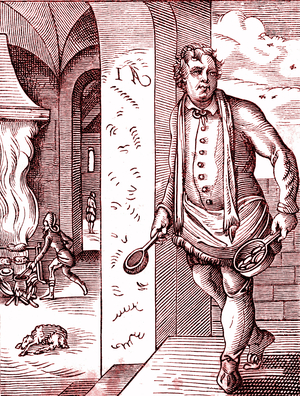 The cook - Food and Cooking in the 16th century. Engraving by Jost Amman (1539-1591). Engraving 1878