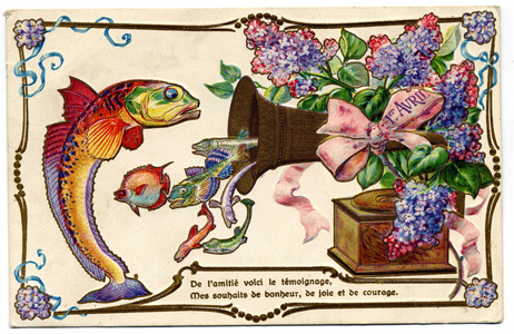 Greeting card for April 1: April fish come out of a gramophone. Chromolithography of the late 19th century