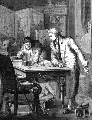 Nicholson and Carlisle Decompose Water Through the Battery of Volta, London 2 May 1800, 19th century (engraving)
