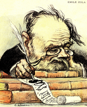 Cartoon by Emile Zola (1840-1902) writing, visibly lacking inspiration - Illustration by Charles Leandre in “The Rire””, 1897 - Private collection