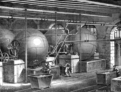 Paper industry: rotary washing machines. Engraving 1867