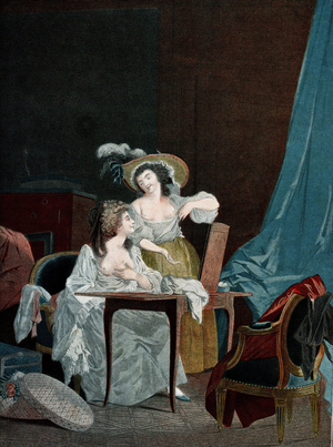 Two young women comparing their chest (print)