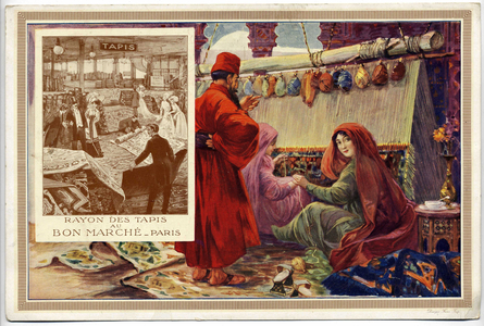 Carpet weaving: advertising for department stores “” Au bon marche”” representing the manufacture of their products. Chromolithography of the late 19th century