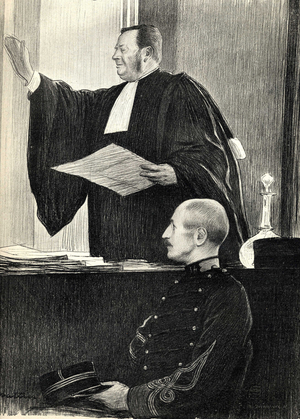 Advocate Demange defends Captain Alfred Dreyfus at the Rennes trial revising his first conviction. Drawing Louis Sabattier, 1899.