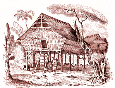 Family Case. Village of SUMATRA, Indonesia. Voyages by James Cook (1728-1779). Engraving 1835