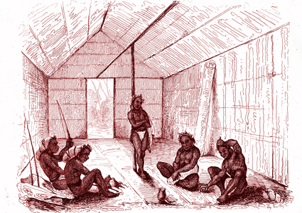 House of August. Kitchen in Vanikoro, dish species with nuts and coconut milk cooked with their juice and the juice of the chi root. Voyages of James COOK (1728-1779) to Oceania. Engraving 1835