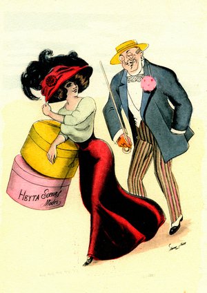 Seductor making advances to a fashionable young woman, 1910 (engraving)