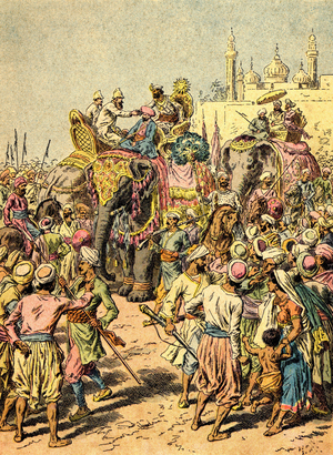Rajah Hindu receiving Europeans in his province. Engraving in “” The peoples of the Earth”” 1890.