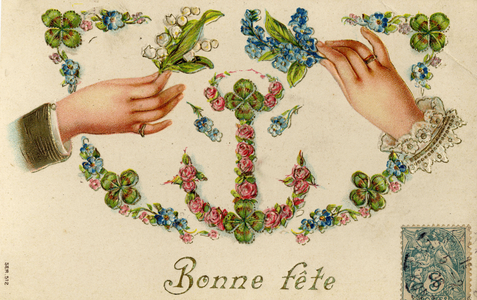 Greeting card depicting hands holding thrush and violets. The beginning of the 20th century. Coll. Jaime Abecasis