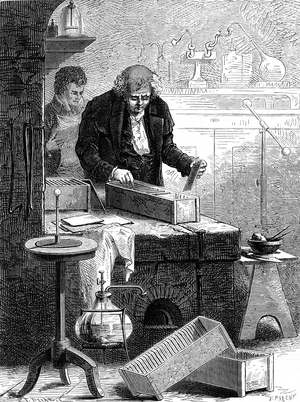 William Cruikshank's trough battery (died 1811) English chemist (improved Volta's electric battery). Engraving 1867