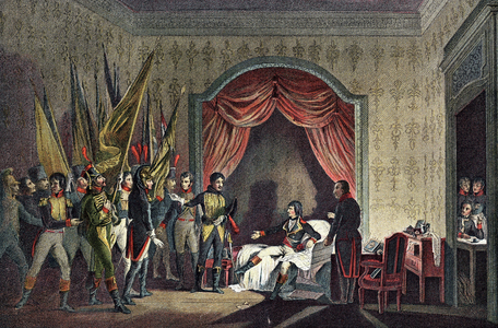Napoleon Bonaparte (1769-1821) in Millesimo, receiving the banner taken in the Piemontais on 14/04/1796. Engraving of the 19th century